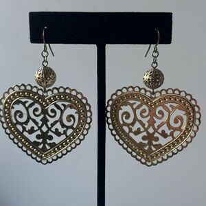 Vintage Brass Filigree Heart Dangle Earrings Large 2.5" Boho Statement